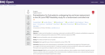 Screenshot of paper titled: Prehabilitation for frail patients undergoing hip and knee replacement in the UK: Joint PREP feasibility study for a randomised controlled trial