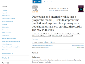 Screenshot of paper titled: Developing and internally validating a prognostic model (P Risk) to improve the prediction of psychosis in a primary care population using electronic health records: The MAPPED study