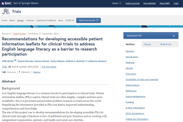 Screenshot of paper titled: Recommendations for developing accessible patient information leaflets for clinical trials to address English language literacy as a barrier to research participation