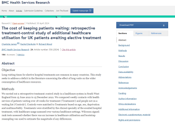 Screenshot of paper titled: The cost of keeping patients waiting: retrospective treatment-control study of additional healthcare utilisation for UK patients awaiting elective treatment