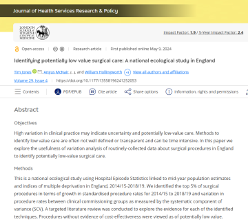 Screenshot of paper titled: Identifying potentially low value surgical care: A national ecological study in England