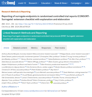 Screenshot of paper titled Reporting of surrogate endpoints in randomised controlled trial reports (CONSORT-Surrogate): extension checklist with explanation and elaboration