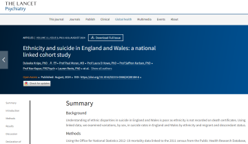 Screenshot of paper titled: Ethnicity and suicide in England and Wales: a national linked cohort study