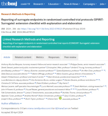 Screenshot of paper titled Reporting of surrogate endpoints in randomised controlled trial protocols (SPIRIT-Surrogate): extension checklist with explanation and elaboration