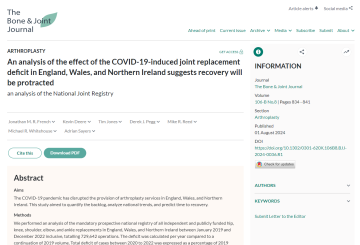 Screenshot of paper titled: An analysis of the effect of the COVID-19-induced joint replacement deficit in England, Wales, and Northern Ireland suggests recovery will be protracted