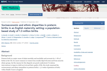 Screenshot of paper titled: Socioeconomic and ethnic disparities in preterm births in an English maternity setting: a population-based study of 1.3 million births