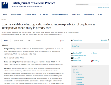 Screenshot of paper titled: External validation of a prognostic model to improve prediction of psychosis: a retrospective cohort study in primary care