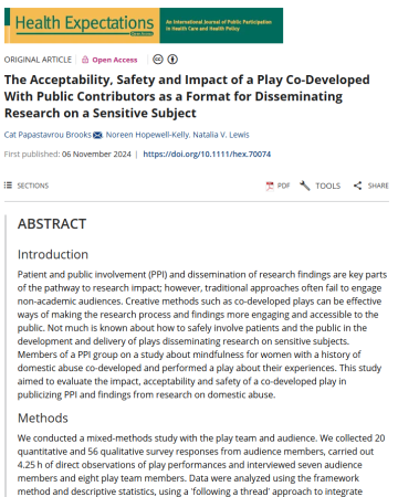 Screenshot of paper titled: The Acceptability, Safety and Impact of a Play Co-Developed With Public Contributors as a Format for Disseminating Research on a Sensitive Subject