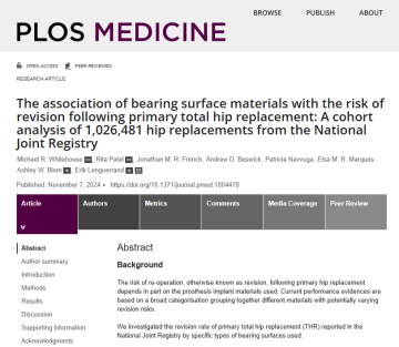 Screenshot of paper titled: The association of bearing surface materials with the risk of revision following primary total hip replacement: A cohort analysis of 1,026,481 hip replacements from the National Joint Registry