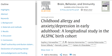 Screenshot of paper titled: Childhood allergy and anxiety/depression in early adulthood: A longitudinal study in the ALSPAC birth cohort